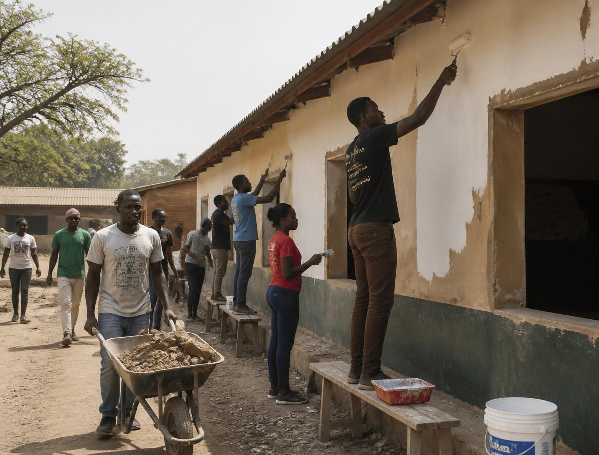 Volunteers repairing and painting a community school building