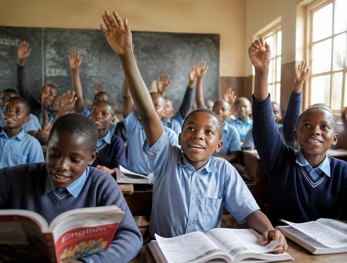 Schoolchildren raising their hands enthusiastically in a classroom