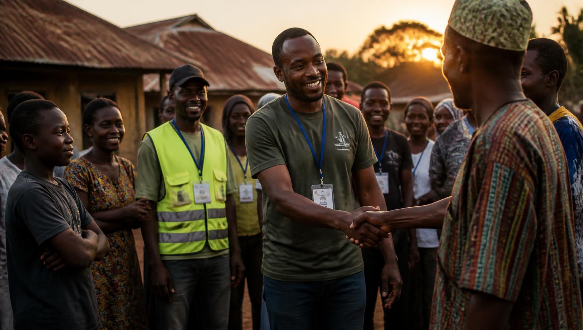 Community members and a volunteer greeting one another at sunset