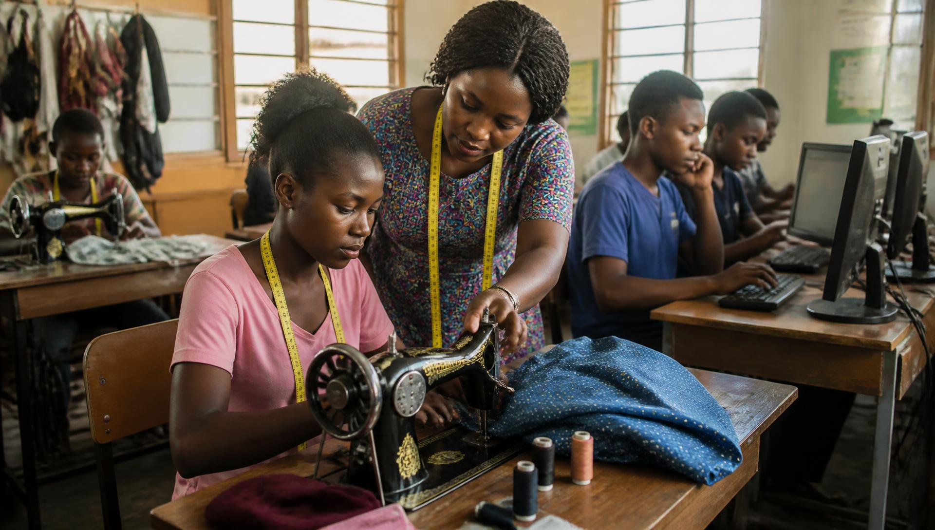 A trainer guiding young people learning tailoring and computer skills