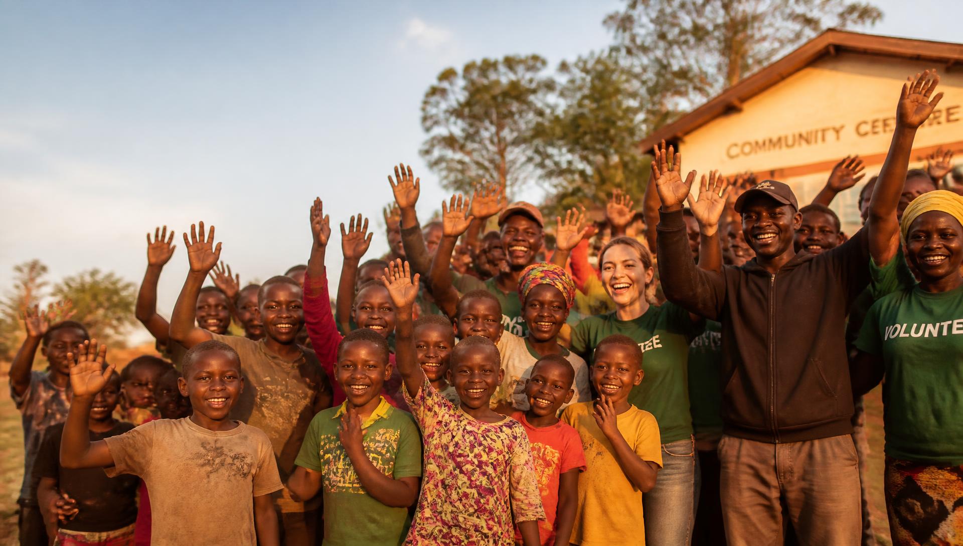 Volunteers distributing books to children at a community outreach