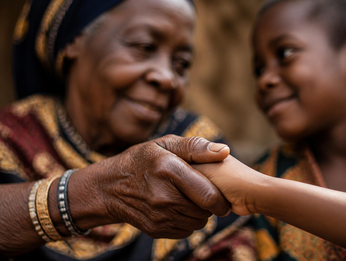 An elder's hand clasping a young person's hand warmly